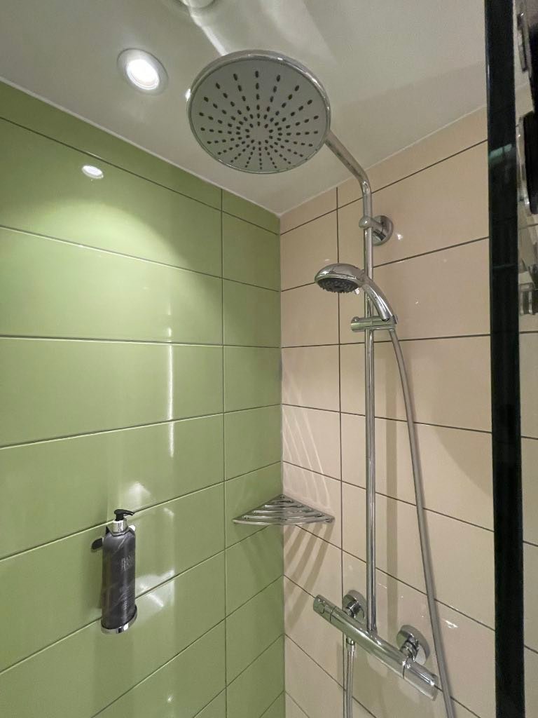 Shower with hand held spray and rain shower head