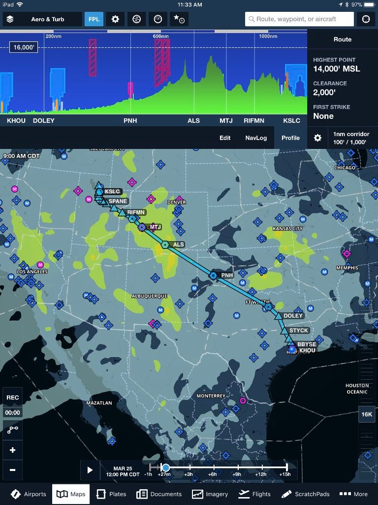 ForeFlight flight planning with turbulence layer screenshot (iPad)