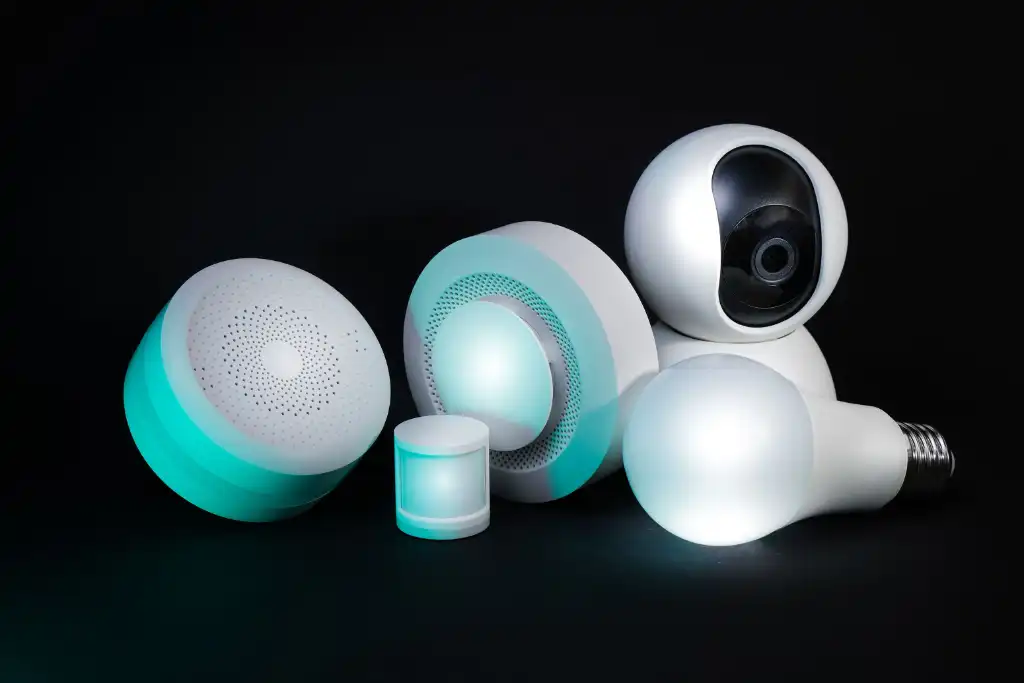 Smart home technology: security camera, sensors, smoke alarm, LED globes, etc.